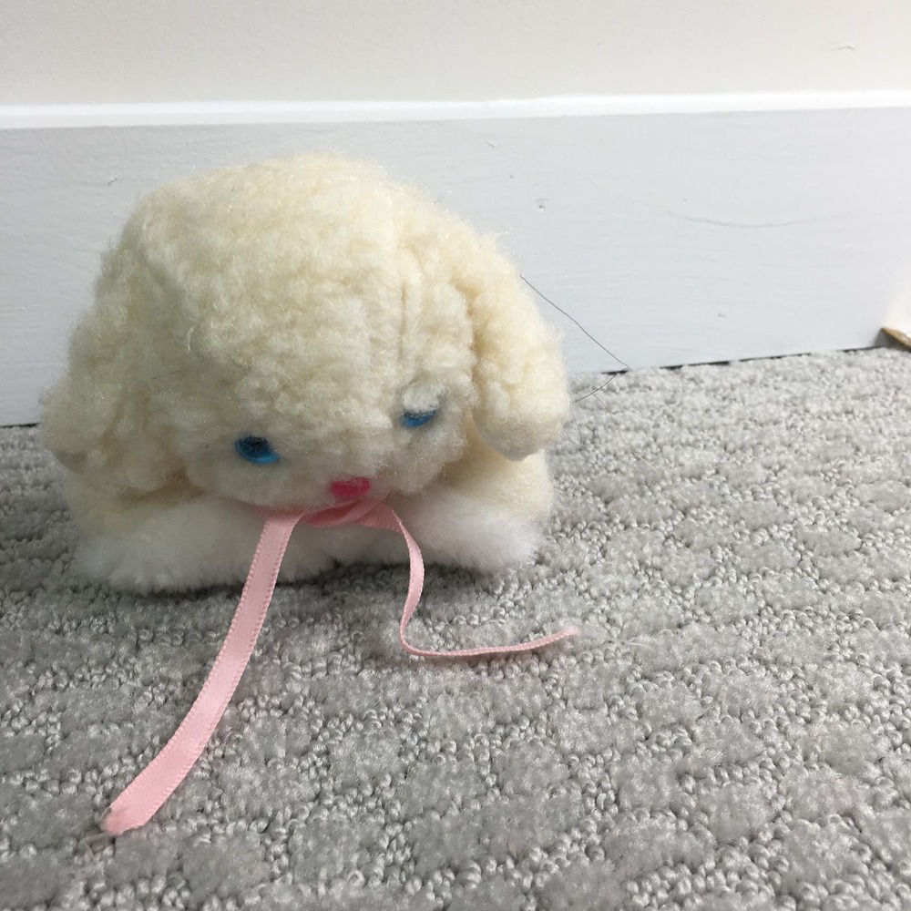 Puppy Dog Stuffed Animal Fluffy with Pink Ribbon Plush Beige Toy 4"